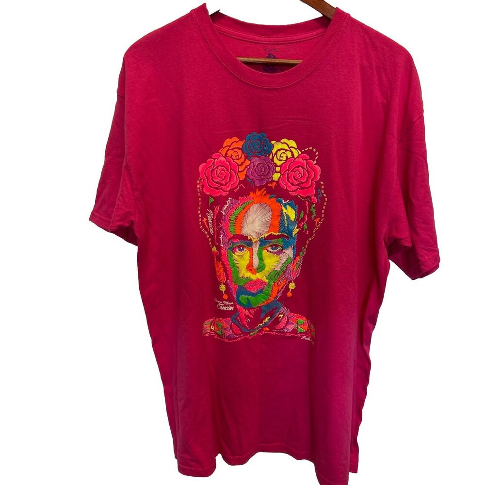 Retro Frida Kahlo Pink XL Colorful Print Portrait Cancun Graphic Tee